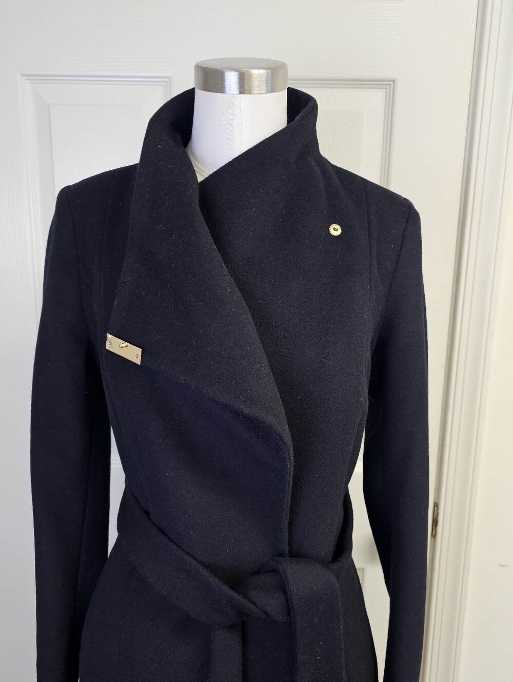 Michael Kors Black Women's Asymmetrical Belted Wool Coat, US X-Small - Picture 4 of 12